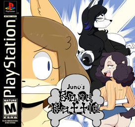 anthro big_breasts blue_eyes bone_in_mouth bottomwear box_art breasts brown_hair butt cleavage clothed clothing collarbone countershade_face countershading esrb_rating eyelashes female fur group hair huge_breasts playstation_logo skirt sweater tail tan_body tan_fur text topwear trio white_clothing white_topwear jinu esrb playstation sony_corporation sony_interactive_entertainment june_(jinu) canid canine canis domestic_dog mammal shiba_inu spitz 2018 digital_drawing_(artwork) digital_media_(artwork) english_text