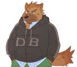 anthro blush bottomwear brown_body brown_fur clothing cute_fangs fangs fur hoodie kemono male overweight overweight_anthro overweight_male pants simple_background solo teeth topwear white_background ryuta-h canid canine mammal 2016