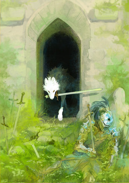 ambiguous_feral ambiguous_gender armor battlefield clothing corpse damaged_armor doorway fantasy feral fluffy fur gauntlets gloves grass green_grass handwear holding_in_mouth holding_melee_weapon holding_object holding_sword holding_sword_in_mouth holding_weapon in_doorway inner_ear_fluff long_snout longsword melee_weapon metal moss nature object_in_mouth path plant pores quadruped rounded_ears ruins scenery shadow snout solo star_(shape) stone_wall sword sword_in_ground tuft walking wall_(structure) weapon white_body white_fur yellow_eyes barsuk canid canine canis mammal wolf 2025 digital_media_(artwork) digital_painting_(artwork) hi_res painting_(artwork) shaded soft_shading