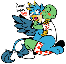 blue_body blue_eyes blue_fur blush blush_stickers boxers_(clothing) clothing duo footwear fur heart_boxers heart_clothing heart_symbol heart_underwear hug legwear male male/male open_mouth simple_background smile socks text tongue underwear white_background unknown_artist friendship_is_magic hasbro my_little_pony mythology anon anonymous gallus_(mlp) avian gryphon human mammal mythological_avian mythological_creature 2018 english_text