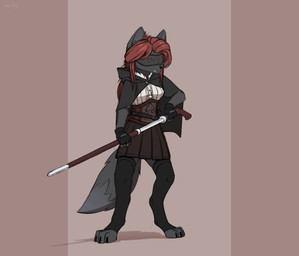 anthro black_body black_fur blind blindfold bottomwear breasts cloak clothing disability female fingerless_gloves fur gloves handwear legwear melee_weapon skirt small_breasts solo sword thigh_highs walking_stick weapon dipfanken clementine_(dipfanken) canid canine fox mammal absurd_res hi_res