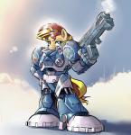 anthro anthrofied armor blonde_hair blue_armor blue_eyes blue_sky cloud cosplay crossover_cosplay female gun hair hand_on_hip holding_object holding_weapon horn machine outside power_armor ranged_weapon red_hair sky smoke smoking_gun solo space_marine unicorn_horn weapon gsphere blizzard_entertainment equestria_girls hasbro my_little_pony mythology starcraft sunset_shimmer_(eg) terran_marine_(starcraft) equid equine mammal mythological_creature mythological_equine unicorn 1:1 2015 absurd_res crossover hi_res