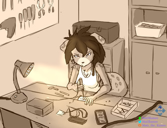 anthro desk female floppy_ears furniture lamp sitting solo table tinkering tools wardrobe working matz_the_kames sonia_(matz_the_kames) canid canine canis domestic_dog mammal hi_res