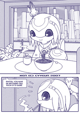ambiguous_feral ambiguous_gender animal_on_head anthro bird_on_head bowl chair chopsticks city cityscape closed_smile coffee_cup container cup detailed_background dialogue duo eating eating_food facial_markings feral food forehead_markings furniture head_markings holding_chopsticks holding_object kemono kitchen looking_at_food looking_at_object machine male markings mouth_closed noodles plant plant_pot potted_plant ramen ramen_noodles sitting smile speech_bubble table text window cyyeun xen_(series) switch_(xen) avian bird robot robot_anthro 2007 artist_name blue_and_white blue_monochrome comic dated english_text monochrome