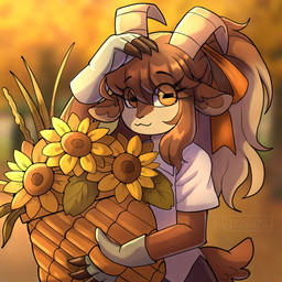 accessory anthro basket brown_eyes clothing container female fingerless_gloves flower gloves hair_accessory hair_ribbon handwear horizontal_pupils plant pupils ribbons solo sunflower tail okaliz adeline_(okaliz) bovid caprine goat mammal 1:1 absurd_res hi_res