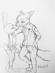 3_toes 4_fingers anthro barefoot belt bottomwear clothing duo feet female fingers male necktie open_mouth open_smile pants police police_uniform shirt smile standing toes topwear uniform dogear218 disney zootopia judy_hopps nick_wilde canid canine fox lagomorph leporid mammal rabbit red_fox true_fox 3:4 hi_res monochrome signature sketch