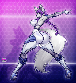 anthro armor asian_clothing assassin big_breasts big_butt breasts butt clothed clothing female flower_ornament futuristic hair japanese long_ears long_hair nipple_outline purple_hair red_eyes solo taimanin warrior wide_hips shiroiyurei_(artist) taimanin_(series) taimanin_asagi madam_tsubaki_(alphaleader) hi_res