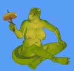 4_toes anthro blue_background bread breasts countershading facial_scar feet female food green_body green_scales inverted_nipples knife looking_at_viewer looking_back looking_back_at_viewer navel nipples non-mammal_breasts nude pupils scales scar simple_background sitting slit_pupils solo toes weapon yellow_eyes neracoda bethesda_game_studios microsoft skyrim the_elder_scrolls deeja argonian scalie hi_res