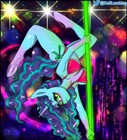 anthro anthrofied bikini biped clothed clothing dancing female female_anthro green_eyes looking_at_viewer pole pole_dancing pose red_bikini red_clothing red_swimwear solo swimwear two-piece_swimsuit upside_down caliluminos hasbro mlp_g5 my_little_pony misty_brightdawn_(mlp) equid equine horse mammal pony digital_drawing_(artwork) digital_media_(artwork) hi_res shaded simple_shading