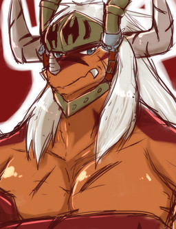 2_horns ambiguous_gender anthro armor barazoku big_muscles big_pecs crossed_arms fangs hair headgear helmet horn multicolored_body muscular muscular_anthro pecs scar solo teeth white_hair ryuukikeito bushiroad future_card_buddyfight mythology fang_slade_terrestrial_xiii dragon mythological_creature mythological_scalie scalie sketch