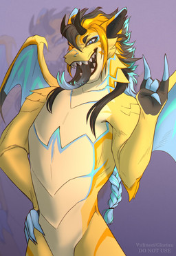 ambiguous_gender anthro back_wings black_horn braided_hair braided_ponytail countershade_torso countershading facial_markings gesture hair hand_gesture head_markings horn mane markings membrane_(anatomy) membranous_wings multicolored_hair multicolored_tongue ponytail sharp_teeth snout solo teeth tongue wings yellow_body vulineri mythology dragon mythological_creature mythological_scalie scalie hi_res