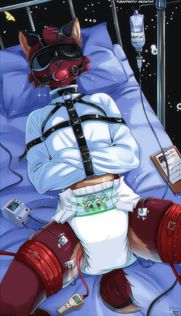 abdl anthro ball_gag bdsm bedroom blindfold blush bondage bound clothed clothing diaper diaper_fetish electric enema fur gag gagged hair iv_drip long_hair lying male object_in_mouth padded restraints rope solo straitjacket wearing_diaper meowtat fan_character absurd_res hi_res