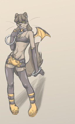 anthro armwear body_hair bottomwear bulge chest_tuft clothed clothing collar crossdressing dreadlocks ear_piercing elbow_gloves femboy fur gloves handwear happy_trail legwear male membrane_(anatomy) membranous_wings piercing shorts skimpy solo stockings tail tuft wings ritts disgaea nippon_ichi_software domestic_ferret mammal mustelid musteline true_musteline weasel 2007