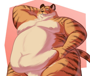anthro belly_grab fur hand_behind_head male markings moobs multicolored_body multicolored_fur nipples nude obese overweight simple_background smile solo striped_body striped_fur striped_markings stripes tail mochi_cream38 beastars bill_(beastars) felid mammal pantherine tiger absurd_res hi_res
