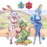 alternate_species blue_body blue_hair blue_skin bottomwear breasts cleavage clothed clothing female feral green_body green_hair green_skin hair humanoidized looking_at_viewer midriff pokemorph shorts starter_trio white_hair supersatanson nintendo pokemon animal_humanoid generation_8_pokemon grookey humanoid lagomorph lagomorph_humanoid mammal mammal_humanoid pokemon_(species) pokemon_humanoid primate primate_humanoid reptile reptile_humanoid scalie scalie_humanoid scorbunny sobble 1:1 2019 hi_res official_art reference_image