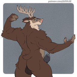5_fingers anthro antlers backsack balls biped border brown_body brown_fur brown_tail butt countershade_torso countershading erection eyewear eyewear_only fingernails fingers fur genitals glasses glasses_only green_eyes horn looking_at_viewer looking_back looking_back_at_viewer male nails nude nude_anthro nude_male penis simple_background smile solo tail teeth text wearing_glasses white_border goolee deer mammal moose new_world_deer 1:1 2026 digital_drawing_(artwork) digital_media_(artwork) url