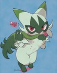 anthro areola blush breasts female fur green_body green_fur heart_symbol looking_at_viewer multi_breast nipples nude smile solo standing tbsktbwa nintendo pokemon felid feline floragato generation_9_pokemon mammal pokemon_(species) full-length_portrait portrait