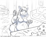 5:4 anthro bedroom breasts candy canid canine clothing comic dessert faf fafcomics female food fox greyscale hetty_(faf) mammal monochrome obese obese_anthro obese_female overweight overweight_anthro overweight_female plushie solo