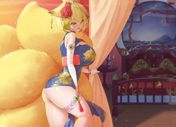5_fingers accessory armwear bed bedroom bedroom_eyes big_breasts big_tail biped blonde_hair blue_clothing blue_dress bracelet breasts brown_ears butt cjk_character cleavage_cutout clock clothed clothing condom curtains curvy_figure cutout detailed_background dipstick_ears dress ear_markings ear_piercing elbow_gloves emerald_(gem) eyelashes eyeliner female fingers floral_print flower flower_in_hair fluffy fluffy_tail fully_clothed fur furniture gem glistening glistening_body glistening_butt glistening_clothing glistening_skin gloves gold_(metal) gold_jewelry hair hair_accessory handwear hourglass_figure huge_breasts humanoid_hands inside jewelry legband light_body light_skin looking_at_viewer makeup markings monotone_body monotone_fur monotone_hair monotone_tail multi_tail multicolored_ears narrowed_eyes night piercing pillow plant purse red_eyeliner sapphire_(gem) seductive sexual_barrier_device short_hair side_view sky smile solo sparkles standing star starry_sky tail tassels thick_tail thighband tight_clothing two_tone_ears unused_condom watch white_armwear white_clothing white_gloves white_handwear wide_hipped_female wide_hipped_humanoid wide_hips window wrapped_condom wristwatch yellow_body yellow_ears yellow_eyes yellow_fur uzda_ricecake touhou ran_yakumo animal_humanoid canid canid_humanoid canine canine_humanoid fox_humanoid humanoid mammal mammal_humanoid digital_media_(artwork) portrait shaded three-quarter_portrait