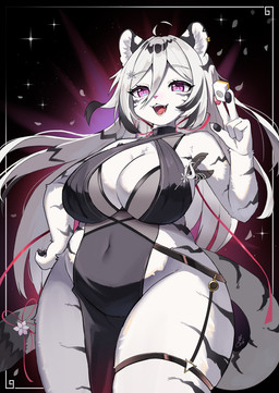 5_fingers accessory ahoge anthro big_breasts biped black_body black_clothing black_dress black_ears black_fur black_hair black_pawpads black_stripes black_tail black_tail_tip bow_(feature) bow_ribbon breasts claws cleavage clothed clothing curvy_figure dipstick_tail dress ear_piercing ear_ring eyelashes female female_anthro finger_claws fingerpads fingers front_view full_cleavage fully_clothed fur furgonomics hair hair_accessory hand_on_hip holding_object humanoid_hands inner_boob kemono legband long_hair looking_at_viewer markings multicolored_body multicolored_ears multicolored_fur multicolored_hair multicolored_pawpads multicolored_tail navel_outline open_:3 open_mouth open_smile pawpads pelvic_curtain piercing pink_eyes pink_pawpads pink_pupils pupils red_ribbon ribbons ring_piercing simple_background slightly_chubby slightly_chubby_anthro slightly_chubby_female smile solo standing striped_body striped_fur stripes tail tail_accessory tail_bow tail_markings tail_ribbon thick_thighs thighband two_tone_body two_tone_ears two_tone_fur two_tone_hair two_tone_tail voluptuous white_body white_claws white_ears white_fur white_hair white_inner_ear white_tail wide_hips doppelo mahjong_soul hannah_(mahjong_soul) felid mammal pantherine tiger 2024 absurd_res colored digital_media_(artwork) hi_res portrait shaded signature three-quarter_portrait