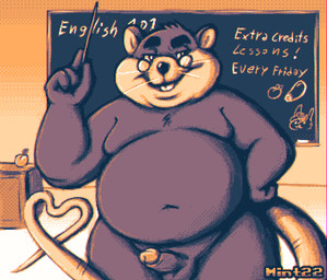 anthro balls belly big_belly chalkboard classroom erection eyewear genitals glasses humanoid_genitalia humanoid_hands humanoid_penis inside male navel overweight overweight_male penis school solo teacher text mintyfresh_bun mr._plagait mammal murid murine rat rodent 2022 english_text