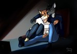 anthro arm_around_shoulders bed bedroom biped cuddling duo furniture hand_on_leg hug male male/male male_anthro movie_night night pillow plantigrade hornyjohnnyart canid canine canis deer mammal wolf absurd_res hi_res