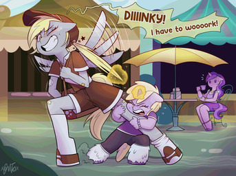 anthro band-aid bandage bottomwear clenched_teeth clothing delivery_(commerce) delivery_employee dialogue duo female footwear glowing hair horn knee_highs knee_socks legwear magic messenger_bag postal_carrier postal_delivery pulling_hair shorts sitting socks struggling teeth text touching_hair xconitox friendship_is_magic hasbro my_little_pony mythology amethyst_star_(mlp) derpy_hooves_(mlp) dinky_hooves_(mlp) equid equine mammal mythological_creature mythological_equine unicorn digital_media_(artwork) digital_painting_(artwork) english_text hi_res painting_(artwork)