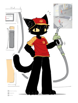 4_fingers anthro black_body black_fur bottomless cat_tail clothed clothing employee employee_uniform fingers fur gas_pump gas_station grabbing_object hair hat headgear headwear male open_mouth pantsless paws red_cap red_clothing red_headwear red_shirt red_topwear shirt simple_background solo standing tail topwear topwear_only yellow_eyes bikabe3m domestic_cat felid feline felis mammal 2026 digital_drawing_(artwork) digital_media_(artwork) hi_res reference_image watermark
