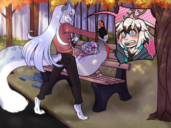 4_toes 5_fingers anthro anthro_on_anthro anthro_penetrated anthro_penetrating anthro_penetrating_anthro antlers barefoot bench black_body black_bottomwear black_clothing black_fur black_hoodie black_pants black_topwear blue_clothing blue_eyes blue_hoodie blue_pupils blue_topwear blush bodily_fluids bottomwear breasts brown_antlers brown_hair cellphone claws clothed clothing clothing_around_one_leg countershading cuckold cum cum_from_vagina cum_in_vagina cum_inside cum_on_penis cutaway detailed_background digitigrade electronics fangs feet female female_penetrated femboy finger_claws fingers fist frown fur genital_fluids genitals green_eyes grey_body grey_claws grey_fur grey_spots grey_stripes grin group hair half-closed_eyes holding_cellphone holding_object holding_phone holding_smartphone hoodie horn infidelity long_hair looking_down looking_pleasured lying male male/female male_penetrating male_penetrating_female markings medium_breasts motion_lines narrowed_eyes on_back open_bottomwear open_clothing open_pants orgasm outside panties panties_around_one_leg panties_down pants park park_bench partially_clothed pawpads penetration penis phone pink_clothing pink_shirt pink_topwear pink_vulva plant pupils purple_eyes purple_hair recording red_clothing red_hair red_panties red_pawpads red_shirt red_topwear red_underwear saliva saliva_string sex sharp_teeth shirt smartphone smile spots spotted_body spotted_fur striped_body striped_fur stripes table_lotus_position tan_body tan_fur tan_hair teeth toes tongue tongue_out topwear tree trio underwear underwear_around_one_leg underwear_down vaginal vaginal_penetration vulva white_body white_fur white_hair yellow_sclera annakitsun3 aster_faye jezebel_(elecpyro) resine felid jackalope lagomorph mammal pantherine prehistoric_species saber-toothed_tiger snow_leopard 2021 4:3 absurd_res hi_res story story_in_description