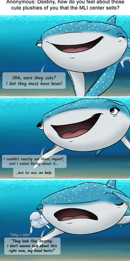 annoyed blue_body blue_eyes countershading dialogue duo female feral fin imitating interview male markings open_mouth open_smile question smile spots spotted_body text underwater water white_body unstatusquo disney finding_dory finding_nemo pixar bailey_(finding_dory) destiny_(finding_dory) aquatic beluga carpet_shark cetacean fish mammal monodontid shark toothed_whale whale_shark absurd_res comic english_text hi_res