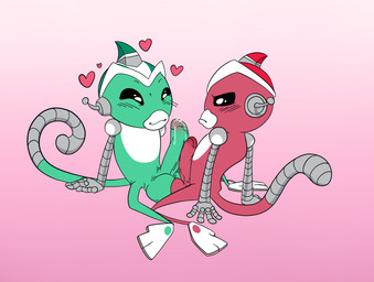 anthro ball_size_difference balls balls_touching big_balls big_penis blush bodily_fluids cybernetics duo erection frottage genital_fluids genitals green_balls green_penis heart_symbol humanoid_genitalia humanoid_penis machine male male/male penile penis penis_size_difference penises_touching precum red_balls red_penis sex simple_background smile kamechuu disney super_robot_monkey_team_hyperforce_go otto_(srmthfg) sparx_(srmthfg) cyborg haplorhine mammal monkey primate 2017 digital_media_(artwork)