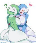 alternate_color big_breasts big_butt blue_hair blush bodily_fluids breast_size_difference breast_squish breasts breasts_frottage broken_heart butt crying curvy_figure duo eyebrows eyelashes female female/female green_hair hair huge_breasts huge_butt not_furry open_mouth orange_eyes pokemorph question_mark red_eyes short_hair simple_background sitting squish tears teeth tongue ufo voluptuous white_background lightsource nintendo pokemon fan_character lucy_(jcdr) nougat_(character) gardevoir generation_3_pokemon mammal pokemon_(species) shiny_pokemon 2014 digital_media_(artwork)