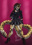 anthro boots bottomwear clothed clothing collar footwear fur hair high_heeled_boots high_heels highlights_(coloring) jacket male markings shirt shoes skirt solo spiked_collar spikes topwear yellow_body yellow_fur pacahocaf paca_afgara cheetah felid feline mammal absurd_res hi_res