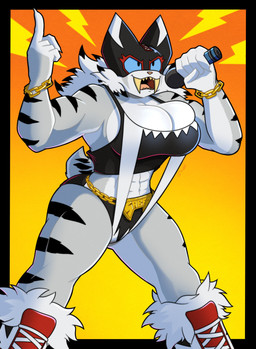 abs anthro big_breasts boots breasts chain cheek_tuft cleavage cleavage_overflow clothed clothing electronics facial_tuft fangs female footwear fur gesture hand_gesture mask microphone multicolored_body multicolored_fur muscular muscular_female open_mouth panties pointing pose shoes skimpy solo sports_mask sportswear striped_body stripes tail tail_tuft teeth tuft underwear wrestler wrestling_mask wrestling_outfit roboticsteve ring_cats saber_(roboticsteve) felid mammal prehistoric_species saber-toothed_tiger 2024 absurd_res digital_drawing_(artwork) digital_media_(artwork) hi_res pinup