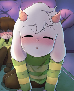 2_horns 5_fingers ambiguous_gender anthro blush bodily_fluids bottomwear brown_bottomwear brown_clothing brown_hair brown_pants clothed clothing covering covering_mouth covering_own_mouth covering_self duo eyes_closed fingers floppy_ears footwear front_view fur furniture green_clothing green_sweater green_topwear hair hand_on_mouth horn inside male on_ground pants pattern_clothing pattern_sweater pattern_topwear shoes shota sofa striped_clothing striped_sweater striped_topwear stripes sweat sweatdrop sweater topwear white_body white_fur young young_ambiguous young_anthro young_human young_male suru56nee undertale undertale_(series) asriel_dreemurr chara_(undertale) boss_monster_(undertale) bovid caprine goat human mammal hi_res