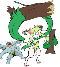 4_arms ambiguous_gender angry anthro blue_body blue_skin bodily_fluids flower flower_(anatomy) fur green_body green_eyes green_fur group head_flower humor log multi_arm multi_limb plant scared semi-anthro simple_background surprised sweat tree white_background white_body white_fur wood unknown_artist fakemon nintendo pokemon elemental_creature faunazon flora_fauna generation_1_pokemon humanoid machamp mammal pokemon_(species) sketch