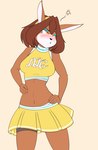 5_fingers anthro black_nose blush bottomwear breasts brown_body brown_hair cheerleader_outfit clothing female fingers hair hand_on_hip looking_aside midriff navel simple_background skirt solo yellow_bottomwear yellow_clothing yellow_eyes yellow_skirt articaartes solar_powell lagomorph leporid mammal rabbit absurd_res hi_res