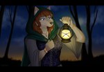 anthro blue_eyes breasts brown_body brown_fur brown_hair female fur green_hood grey_body grey_fur hair holding_lamp inner_ear_fluff jewelry night outside pendant plant smile solo tree tuft ryokoneko canid mammal 2023 half-length_portrait hi_res portrait