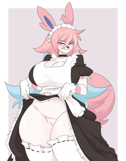 anthro big_breasts blue_eyes blue_hair bottomless breasts clothed clothing curvy_figure dress eyelashes female fluffy fluffy_tail genitals hair legwear maid_headdress maid_uniform pink_ears pink_hair pink_tail raised_clothing raised_dress smile smiling_at_viewer smirk smirking_at_viewer solo stockings tail thigh_highs uniform vulva white_body white_clothing white_legwear white_stockings white_thigh_highs marzipantwt nintendo pokemon marz_(marzipantwt) canid eeveelution generation_6_pokemon mammal pokemon_(species) sylveon absurd_res hi_res