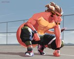 anthro athletic athletic_anthro athletic_male bodily_fluids bottomwear brown_hair clothed clothing fence footwear hair horn male outside pants red_body shoes sky solo sweat tail topless draftgon mythology ferall_(draftgon) dragon mythological_creature mythological_scalie scalie absurd_res hi_res