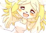 anthro blonde_hair blush breasts cleavage clothed clothing dress eyebrow_through_hair eyebrows female fur hair happy imminent_hug looking_at_viewer open_mouth open_smile reaching_towards_viewer smile smiling_at_viewer solo teeth translucent translucent_hair white_clothing white_dress yellow_body yellow_fur noruu animal_crossing nintendo isabelle_(animal_crossing) canid canine canis domestic_dog mammal shih_tzu toy_dog