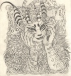 :3 anthro claws duo facial_markings female head_markings horn jewelry key lock markings necklace smile solo_focus sangluna felid langurhali mammal graphite_(artwork) half-length_portrait monochrome portrait sepia traditional_media_(artwork)