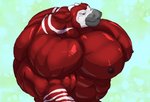 anthro big_muscles big_pecs black_nipples blue_background fur horn huge_muscles huge_pecs hyper hyper_muscles looking_at_viewer male muscular muscular_anthro muscular_male nipples nude pecs red_body red_fur side_view simple_background solo panscolipede james_the_okapi giraffid mammal okapi 2021 hi_res