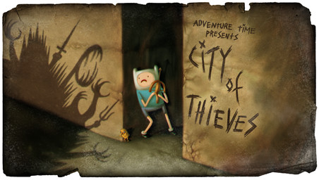 anthro bottomwear clothed clothing crossbow detailed_background duo male micro on_model ranged_weapon shadow shorts standing text title title_card toony weapon young nick_jennings paul_linsley phil_rynda_(artist) adventure_time cartoon_network finn_the_human jake_the_dog canid canine canis domestic_dog human mammal absurd_res cover_art english_text hi_res official_art adopted_(lore) adoptive_brother_(lore) adoptive_brothers_(lore) adoptive_sibling_(lore)