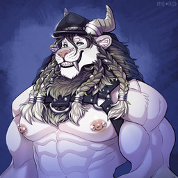abs anthro barbell_piercing big_fangs black_clothing black_hair black_harness black_hat black_headwear black_lips blue_eyes bridge_piercing clothing facial_piercing fangs front_view fur glistening glistening_eyes grey_horn grey_mane grey_teeth grin hair harness hat headgear headwear horn lips looking_at_viewer male mane mostly_nude muscular muscular_anthro muscular_male nipple_barbell nipple_piercing nipples nose_piercing pecs piercing pink_nipples simple_background smile solo teeth text thick_bottom_lip white_body white_fur apple-faced mythology isaiah_(jrbn1) dragon felid hybrid lion mammal mythological_creature mythological_scalie pantherine scalie 1:1 artist_name bust_portrait hi_res multiple_images portrait
