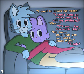 anthro arms_around_partner blue_body clothed clothing cuddling duo female freckles fur furniture hair happy head_on_chest leg_on_partner male male/female markings on_sofa purple_body romantic smile sofa spots spotted_body spotted_fur tail text watching_television whiskers eggnaug lucy_(eggnaug) marshall_(eggnaug) domestic_cat felid feline felis mammal colored digital_drawing_(artwork) digital_media_(artwork) hi_res shaded