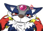 angry annoyed anthro blue_body blue_fur cross-popping_vein duo fangs first_person_view forehead_gem fur gem human_pov male pov_hands red_eyes teeth digua92537359 bandai_namco digimon human loogamon mammal