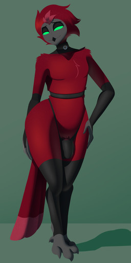 anthro black_clothing black_fingerless_gloves black_gloves black_handwear black_leg_warmers black_legwear black_thong black_underwear bulge clothing collar d-ring detailed_bulge femboy fingerless_gloves fur genitals gloves green_sclera hair handwear leg_warmers legwear lingerie male penis red_body red_fur red_hair solo tail thong torso_buckle underwear wide_hips donya hellaverse fan_character ruax_(razorthefox) goetia owl_demon absurd_res hi_res