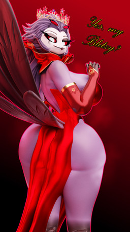 4_eyes anthro beak bedroom_eyes breasts butt clothed clothing crossgender crown dress feathers female gloves grey_body grey_hair hair handwear headgear looking_at_viewer looking_back looking_back_at_viewer multi_eye narrowed_eyes rear_view red_eyes seductive simple_background smile solo tail tail_feathers text thick_thighs tiara wide_hips teknotyk samzan_(modeler) hellaverse helluva_boss stolas_(helluva_boss) owl_demon 3d_(artwork) 4k 9:16 absurd_res blender_(artwork) digital_media_(artwork) hi_res