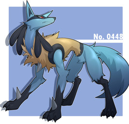 ambiguous_gender blue_body blue_fur claws eyelashes feet feral feralized fur quadruped red_eyes simple_background solo spikes spikes_(anatomy) tail toe_claws toes yellow_body yellow_fur sepiruth nintendo pokemon canid canine generation_4_pokemon lucario mammal pokemon_(species) 2026 absurd_res hi_res